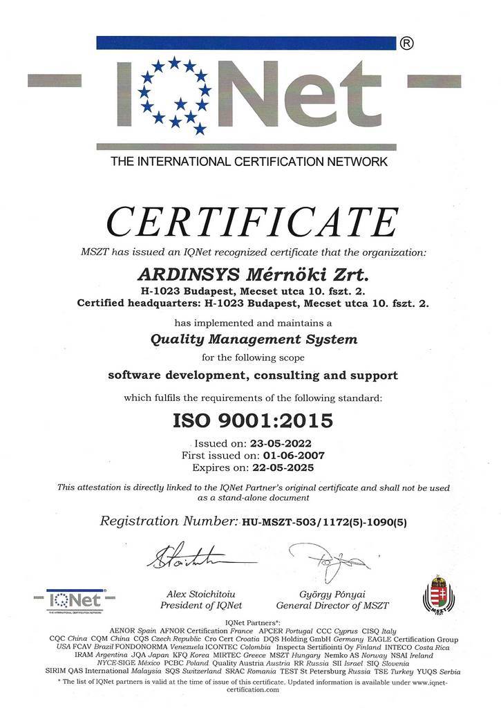 ARDINSYS ISO Certificate IQNET