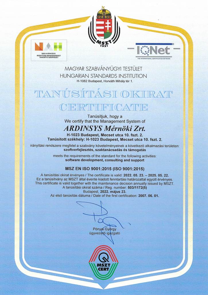 ARDINSYS ISO Certificate MSZ